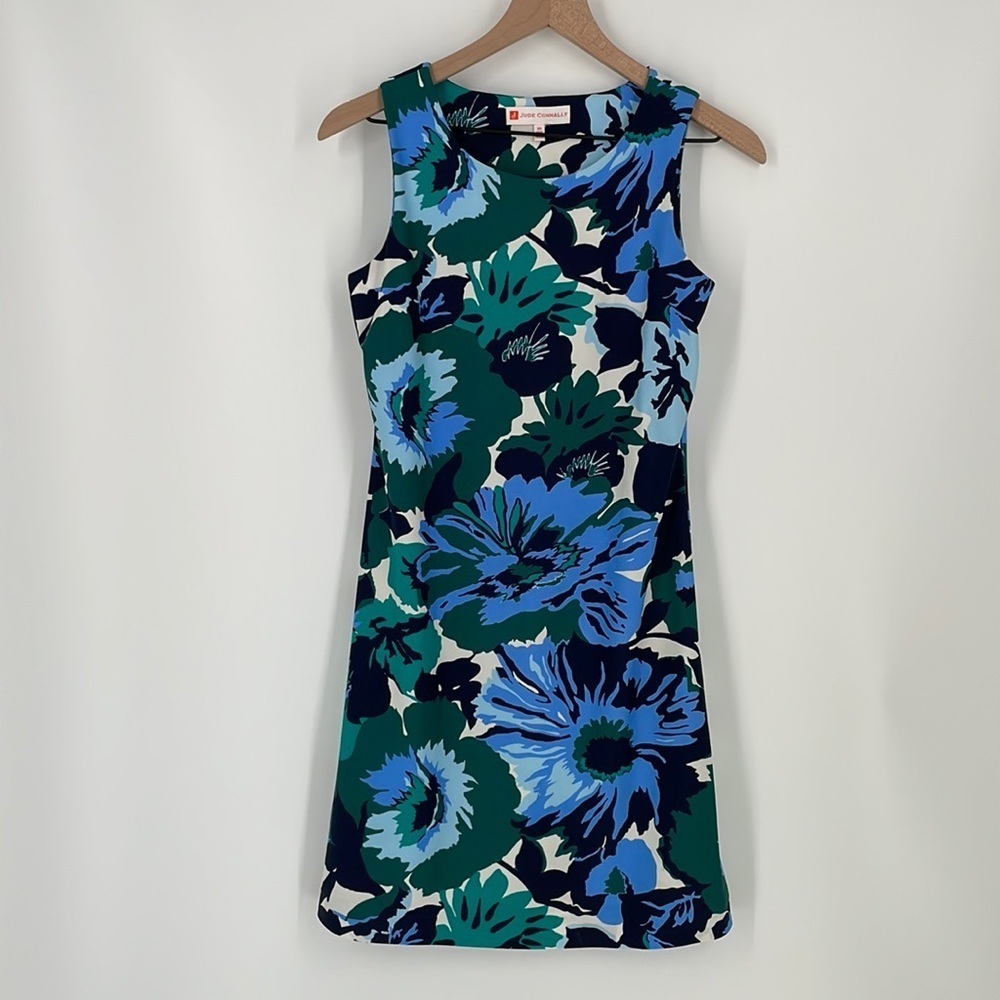 Jude Connally| Beth Sleeveless Sheath Dress Blue Green Tropical Floral XS 101110